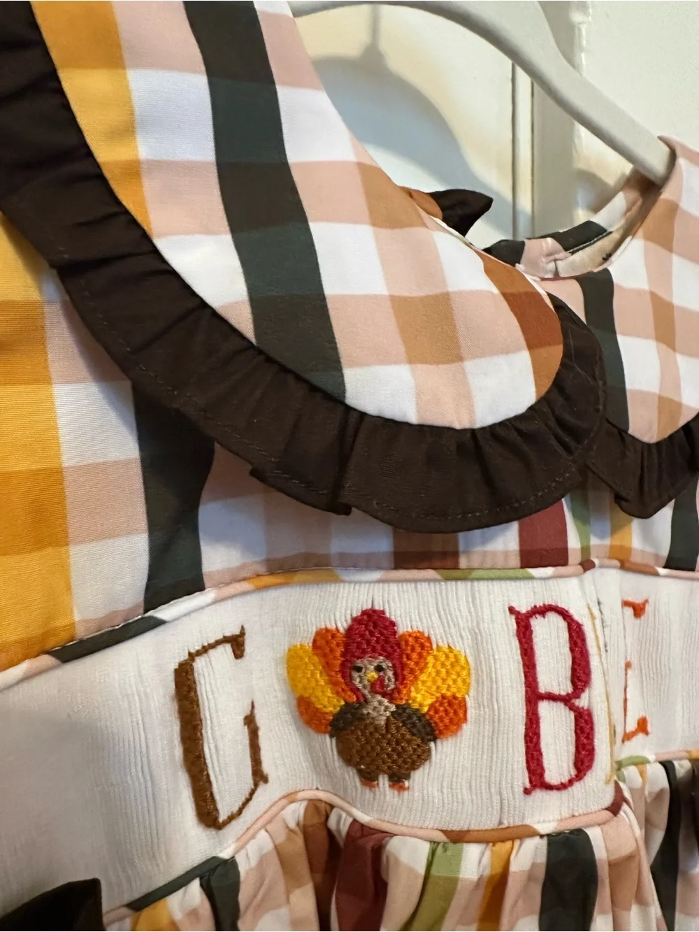 Girls 4TFall Plaid Smocked Gobble Dress w/ Turkey Embroidery - Brown & Multi